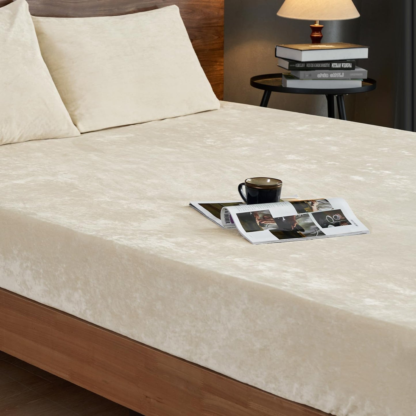 PHF Truly Velvet Fitted Sheet Only Full Size, Luxury Super Soft Cozy Fuzzy Fleece Bottom Sheet, Deep Pocket Up to 16",Strenghth Elastic Band, Suitable for Fall Winter Spring, No Pillowcases, Sand