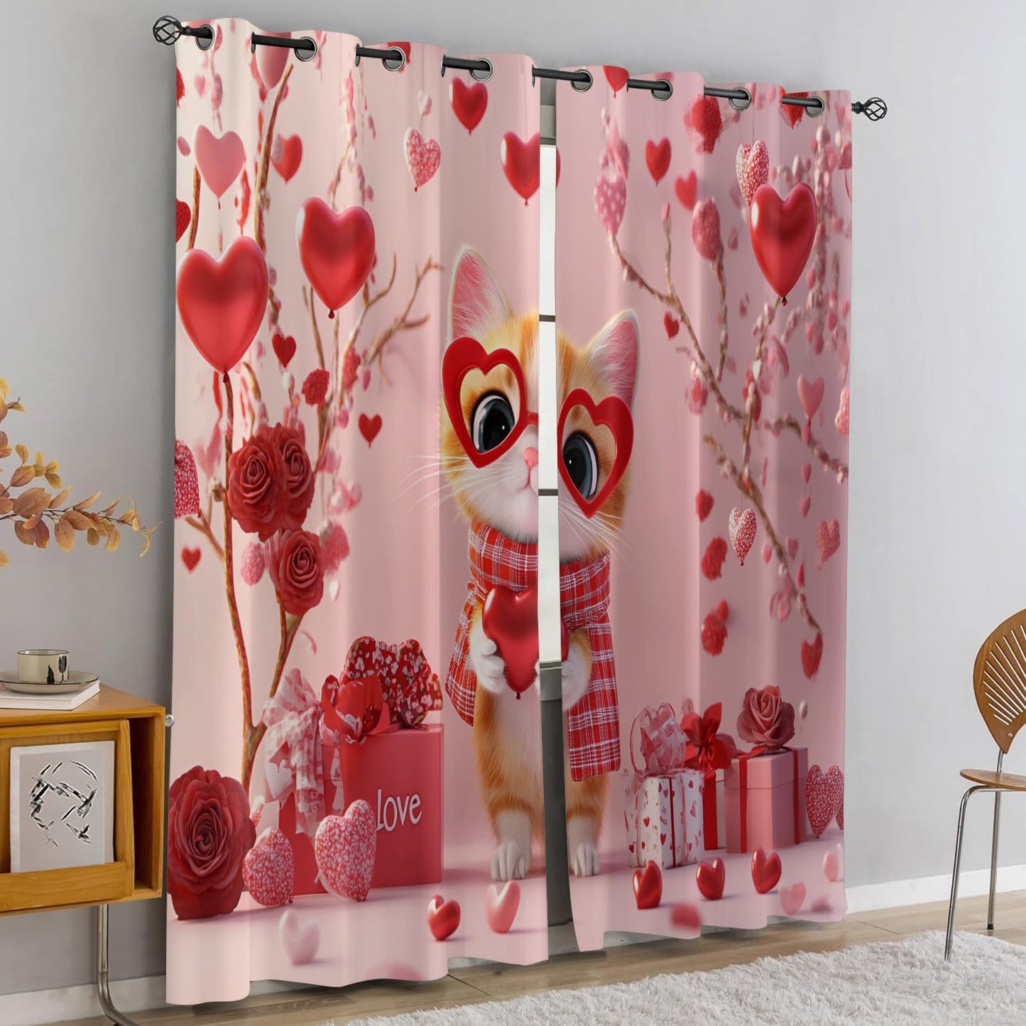 YXQAIED Cat Curtains for Bedroom, Heart-Shaped Rose Blackout Curtains 84 inch Long, Romantic Cartoon Curtain & Home Decor, 3D Printed Room Divider Drape, 2 Panels