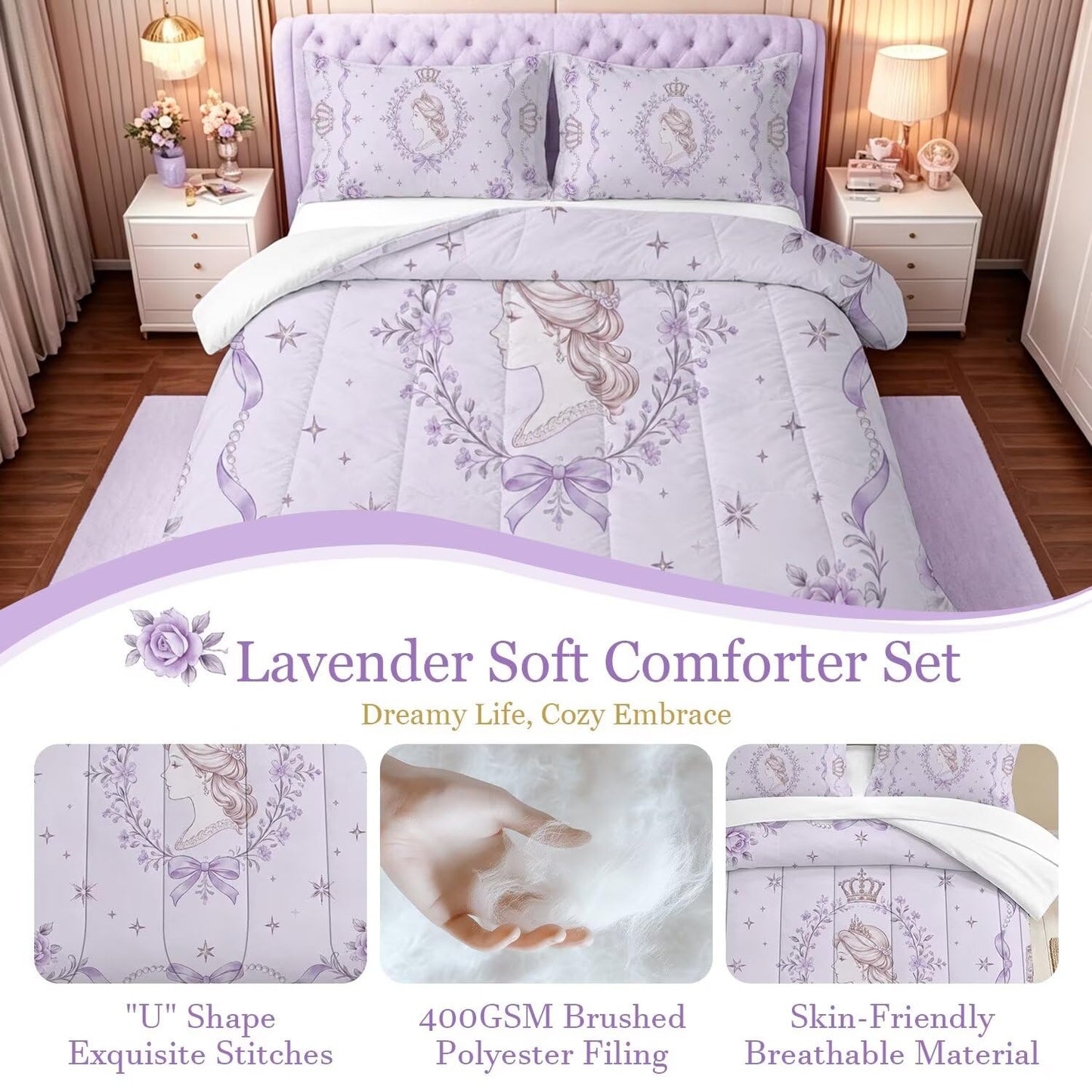 VTKON Purple Twin Princess Bedding Kids Quilt 1 Comforter + 1 Pillowcase