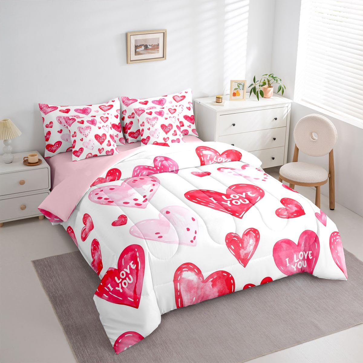 Erosebridal Princess Pink Love Comforter Sets with Sheets - Cute Heart Printed Bedding Set Full for Boys Girls Valentines Day Themed 7Pcs Bed in A Bag Romance Gifts Bed Set