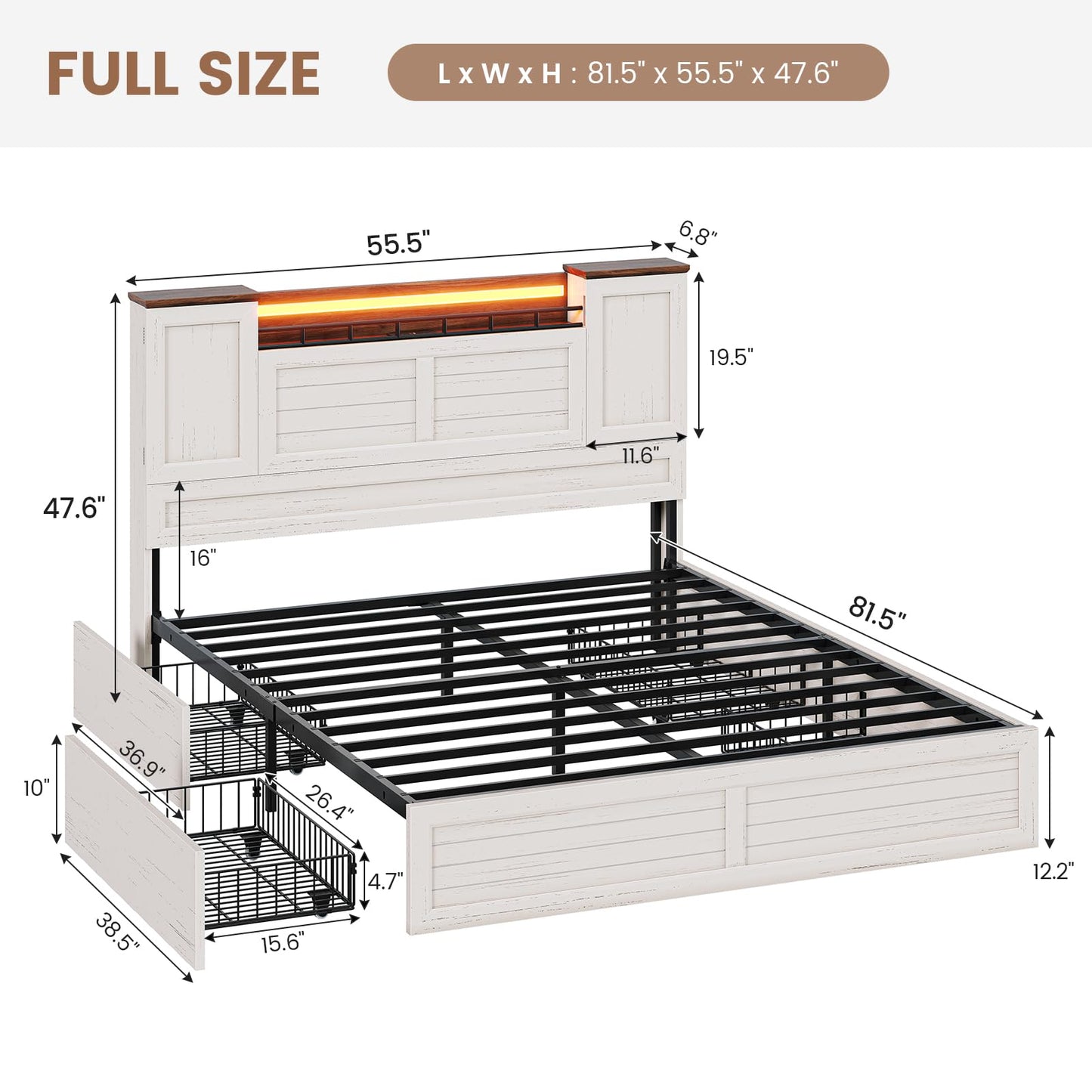 VIAGDO Full Bed Frame with Headboard and Storage Cabinets, Farmhouse Bed Frame Full Size with Charging Station and LED Lights, Wooden Platform Bed Frame with 4 Drawers, No Box Spring Needed, White