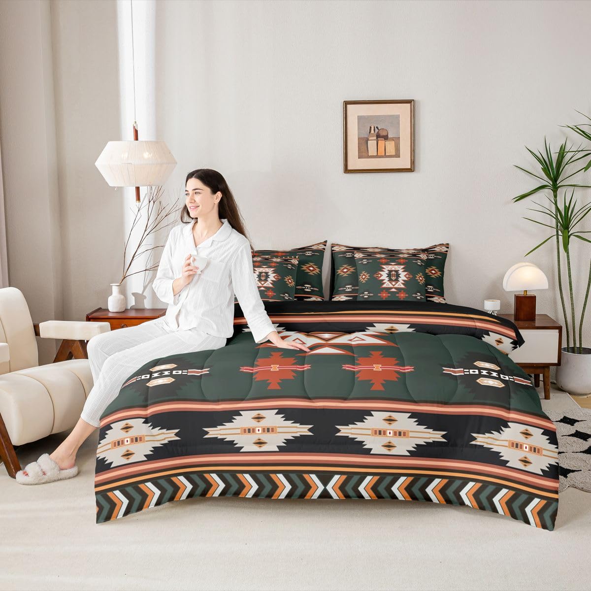 Erosebridal Western Twin Comforter Set with Sheets | Boho Decor Geometric 7 Piece Bedding Set Bohemian Aztec Bed in a Bag, Ethnic Tribal Arrow Room Decor,Green