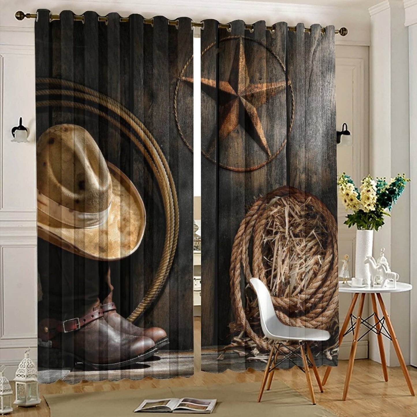 Western Farmhouse Room Darkening Blackout Window Curtains with Grommets,Rustic Cowboy Leather Boots Texas Star Hat on Wooden Energy Efficient Window Treatment for Living Room 2 Panels 63L x 27.5W