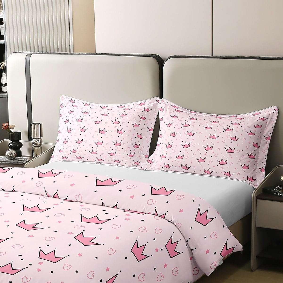 Manfei Princess 100% Cotton Duvet Cover Set Twin Size, Pink Crown Print Bedding Set 2pcs, Cute Crown Hearts Stars Print Quilt Cover, Kids Girls Women Room Decor, 1 Pillowcase,No Comforter