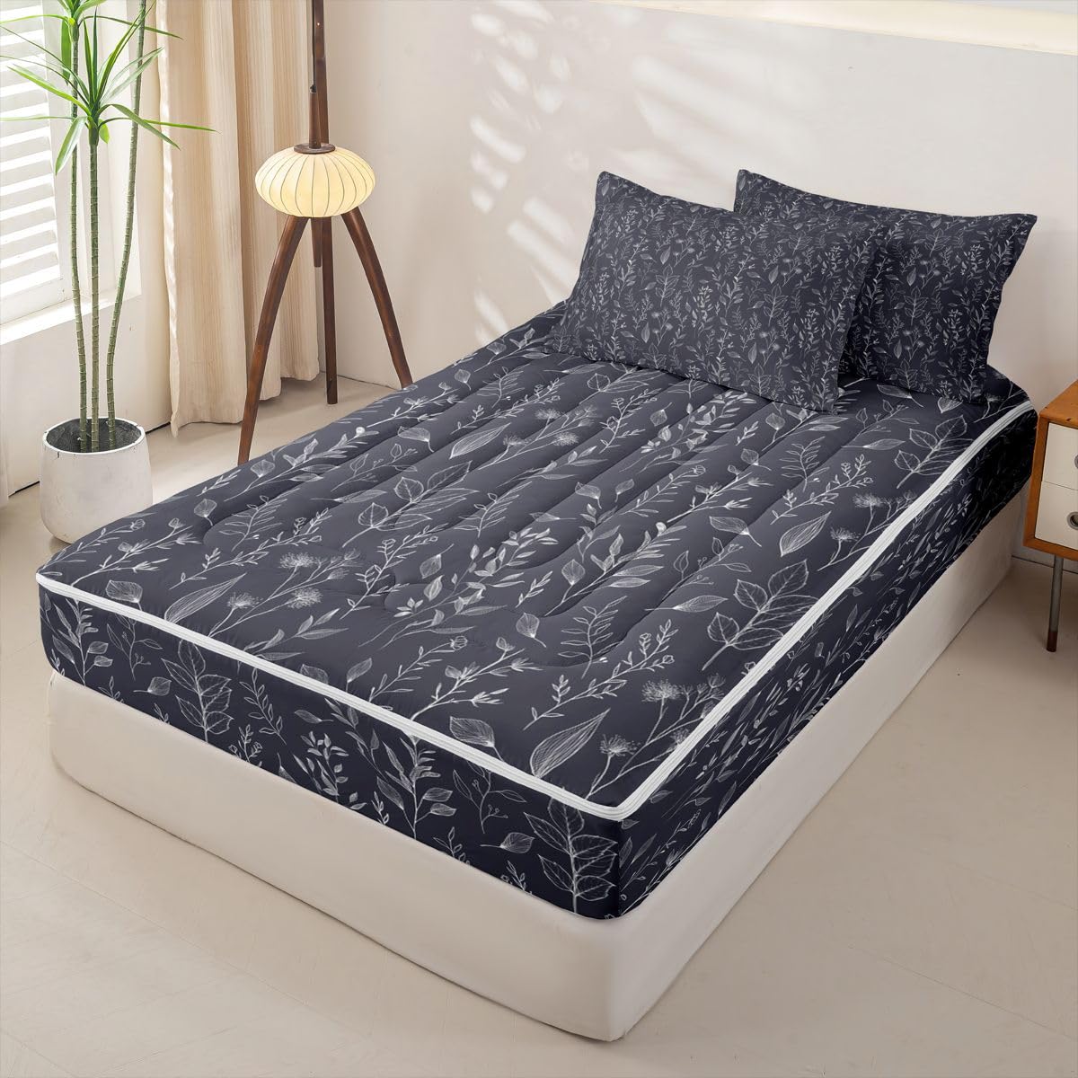 Feelyou Black Floral Zipper Bedding Twin Botanical Bedding Sets for Kids Boys Girls Bohemian Wildflower Comforter Set with Fitted Sheet 2 Pillowcases Boho Flower One Zipper Bed Set for All Seasons