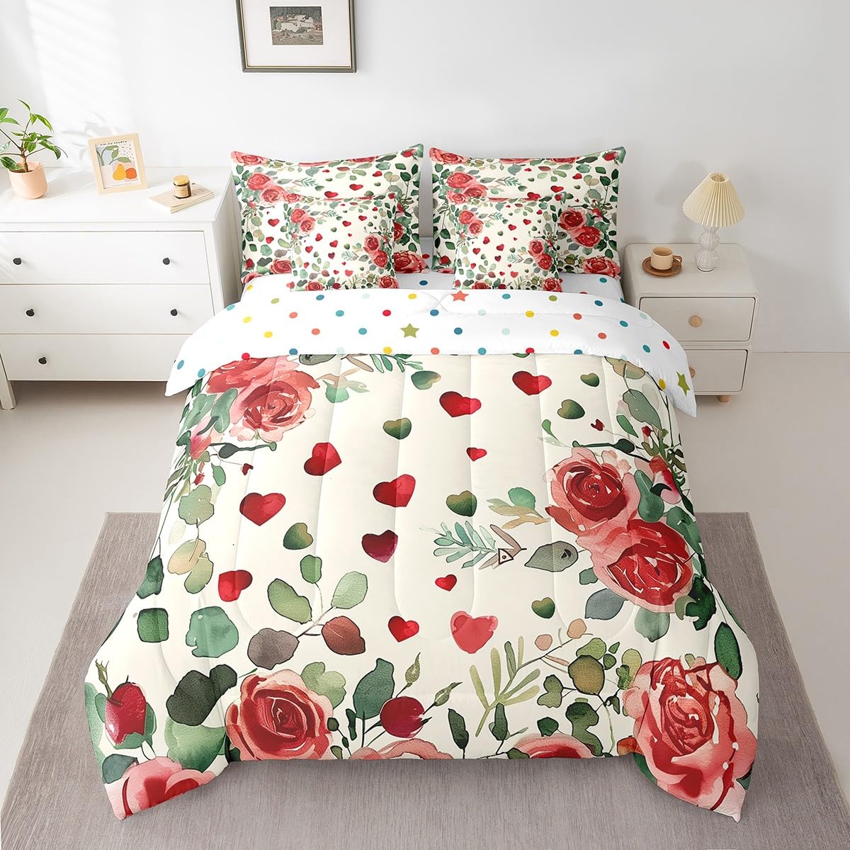 Erosebridal Valentine Rose Queen 7 Piece Bedding Set - Romantic Red Love Roses Floral Comforter Set with Sheets for Kids Adults Couple Room Decor, Green Leaf Bed in a Bag with Fitted + Flat Sheet