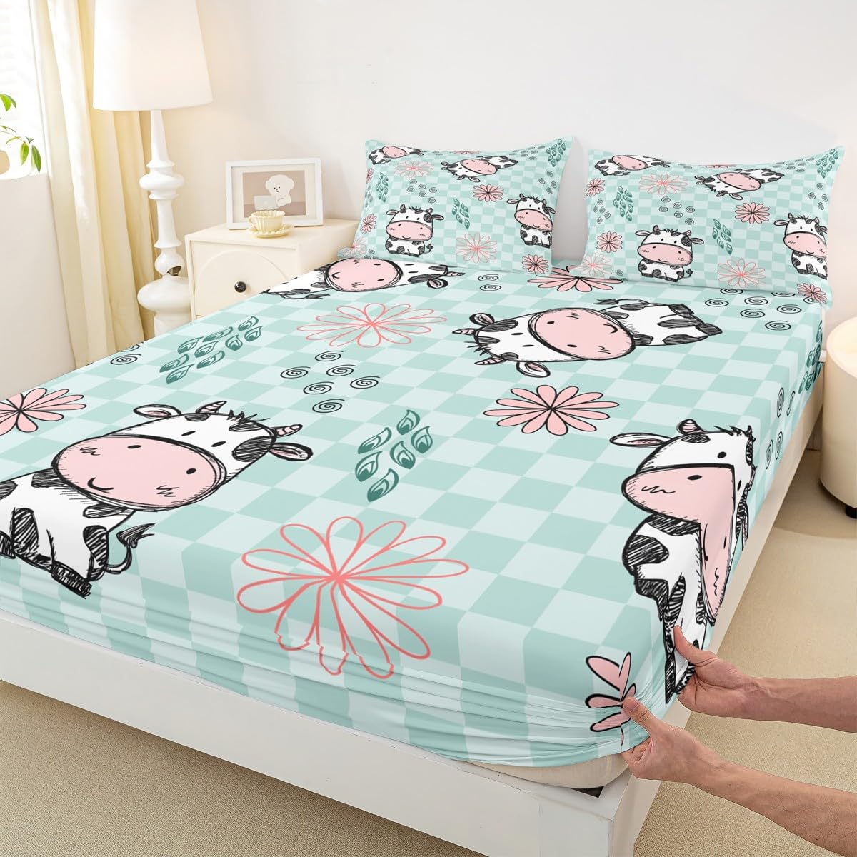 Erosebridal Kids Cartoon Cow Bedding Set Full Size Lovely Animal Fitted Sheet for Boys Girls, Child Cute Pet Bed Sheet Set Abstract Flowers Flat Sheet Quilt Set Buffalo Checked Backdrop Bedroom Decor