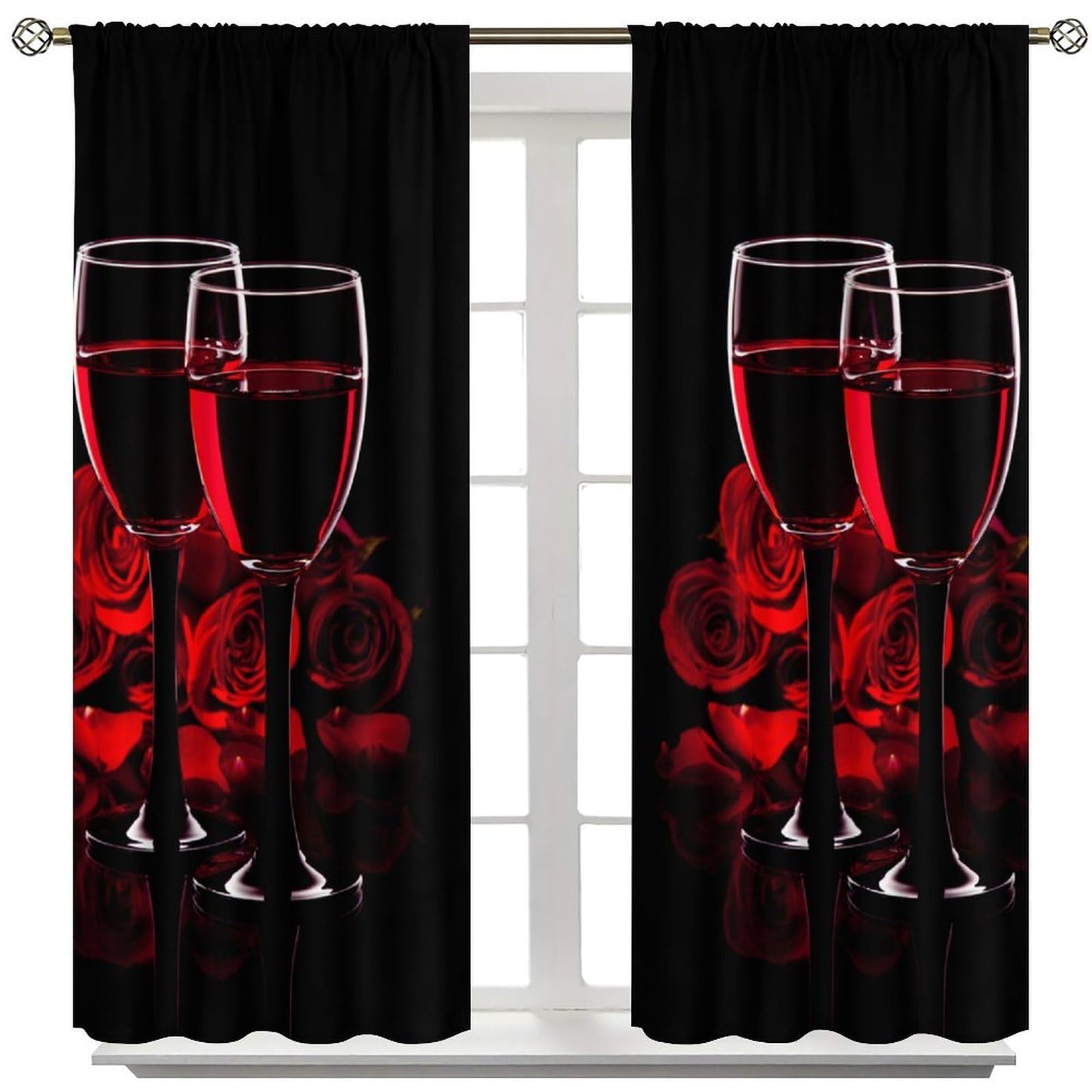 Wine Rose Curtains, Red Wine Glass Rose Floral Print, Light Filtering Window Drapes for Bedroom Dining Room Living Room, 20.5" W x 44.5" L, 2 Panels （No Blackout）