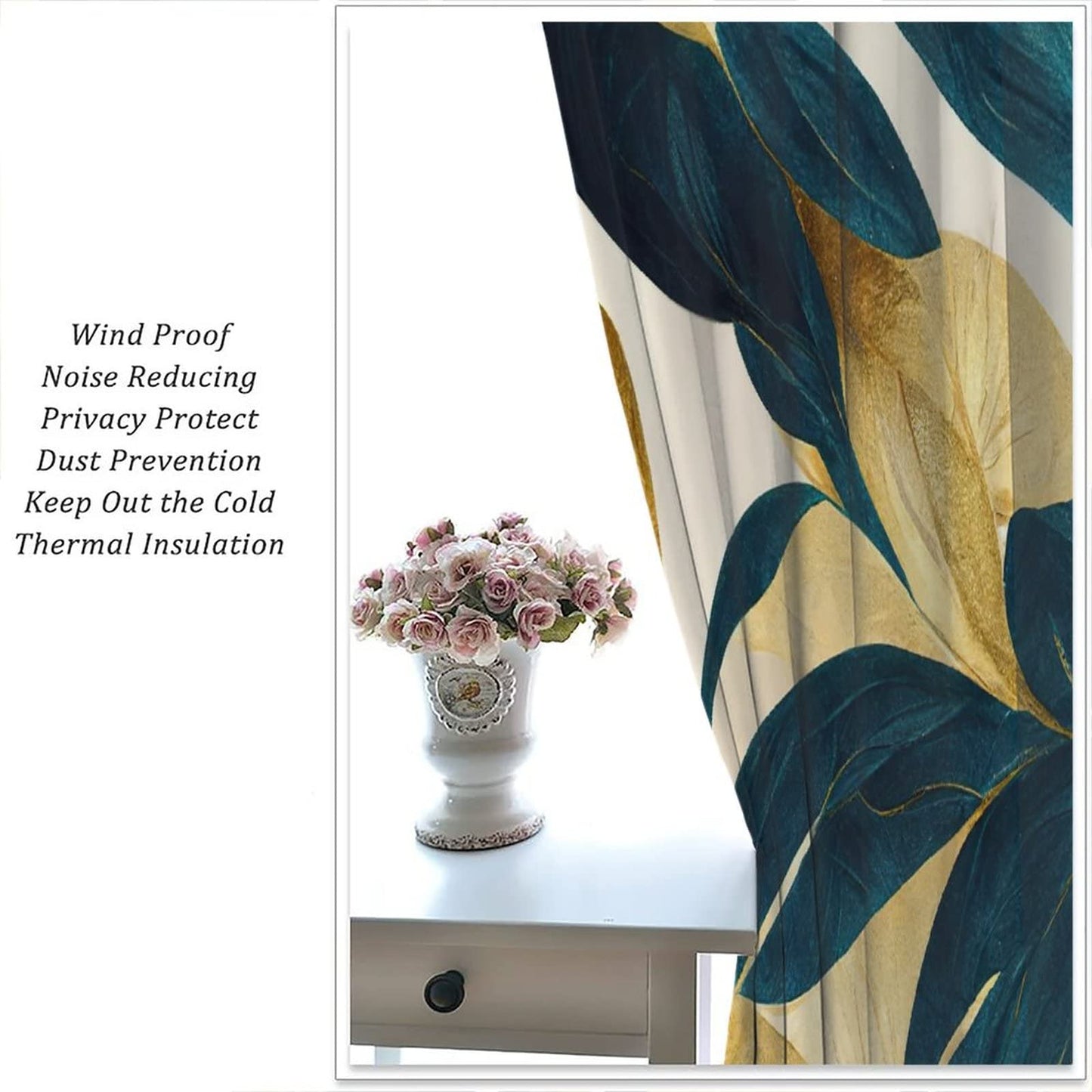 JESTRONRY Abstract Floral Curtains,Elegant Green Gold Summer Plant Printed Patterns Rod Pocket Window Drapes for Living Room Bedroom Bathroom Decor W42xL45in