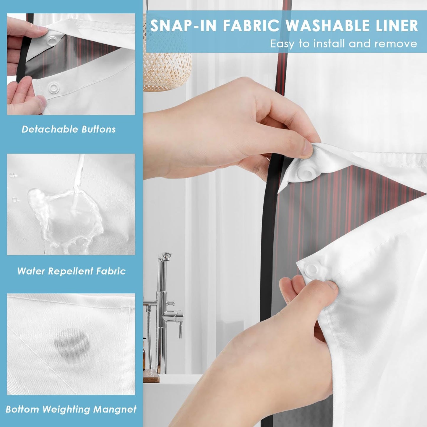 Nesphy No Hook Red and Black Ombre Shower Curtain with Snap in Fabric Liner Set, Simple Artistic Aesthetic Double Layers Waterproof Fabric with See Through Top Window Open Grommet Curtain 71x74 Inch