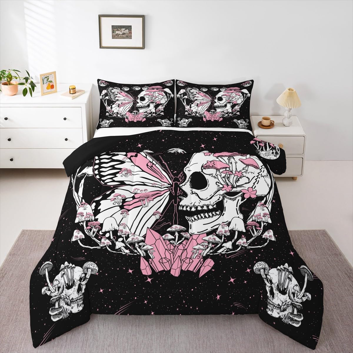 Butterfly Skull Comforter Set Queen Size Pink Mushroom Quilted Duvet Gothic Starry Galaxy Moon Bedding Set 3pcs for Kids Teens Girls Boys Bedroom Decor Trippy Plants Duvet Insert,2 Pillowcases