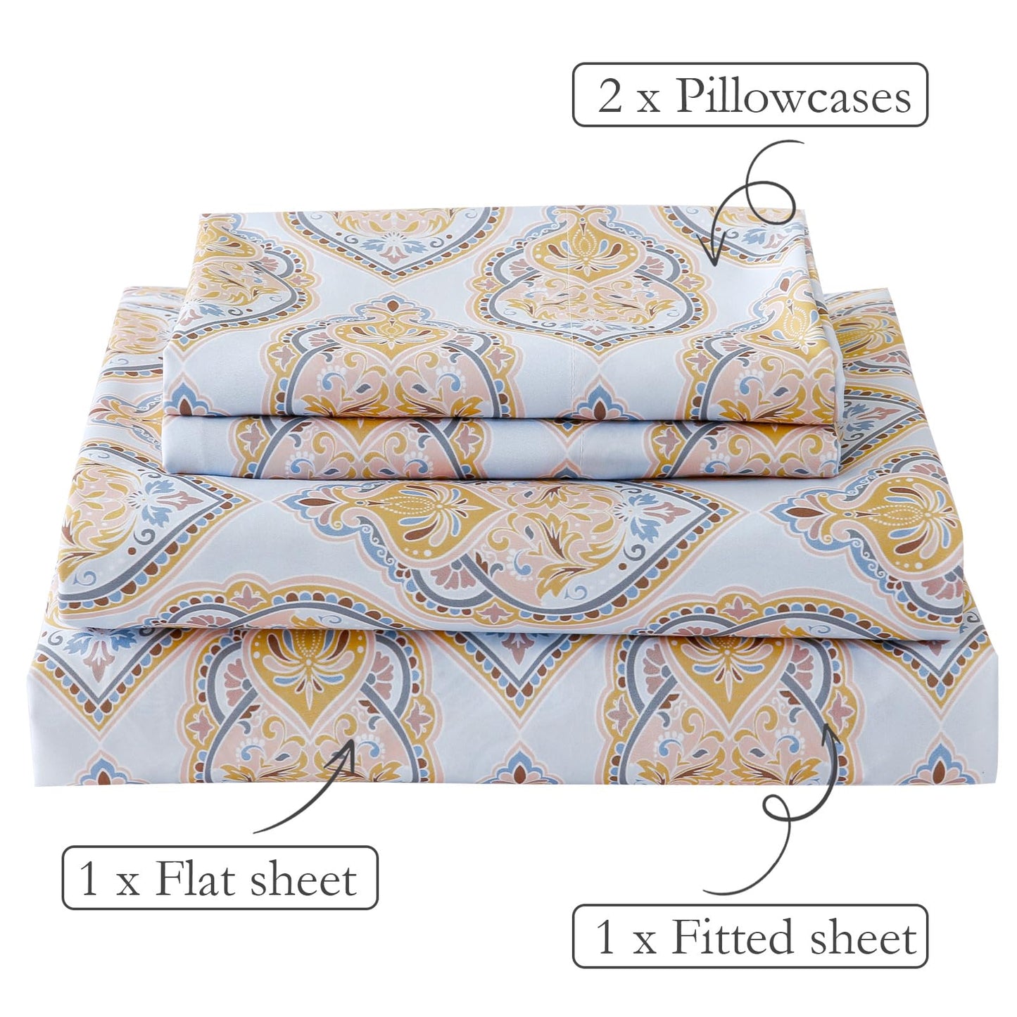 ChicView King Size Paisley Printed Sheet Set,4 Pieces Boho Style Breathable Soft Microfiber Bedsheets, Anti Pilling Deep Pockets Easy Care Bed Sheets, Yellow