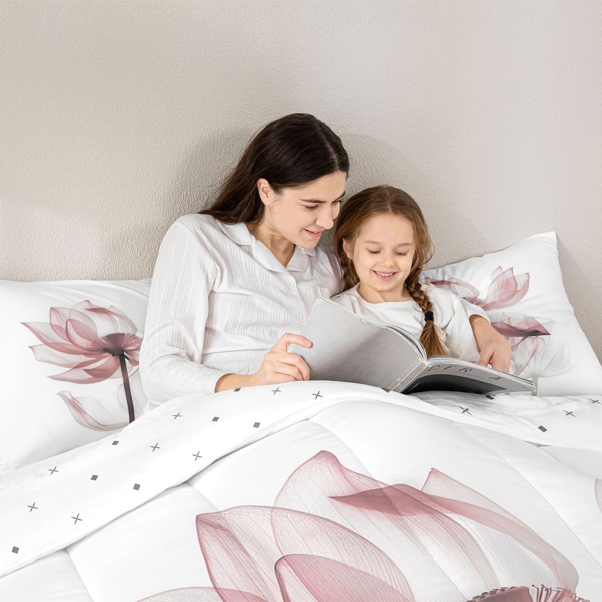 jejeloiu Abstract Floral Comforter Set All Season Modern Art Bedding Set with 1 Pillow Cases Pink Flower Microfiber Kids Toddler Bedclothes Bedroom Decor Duvet Quilt Breathable Soft Lightweight