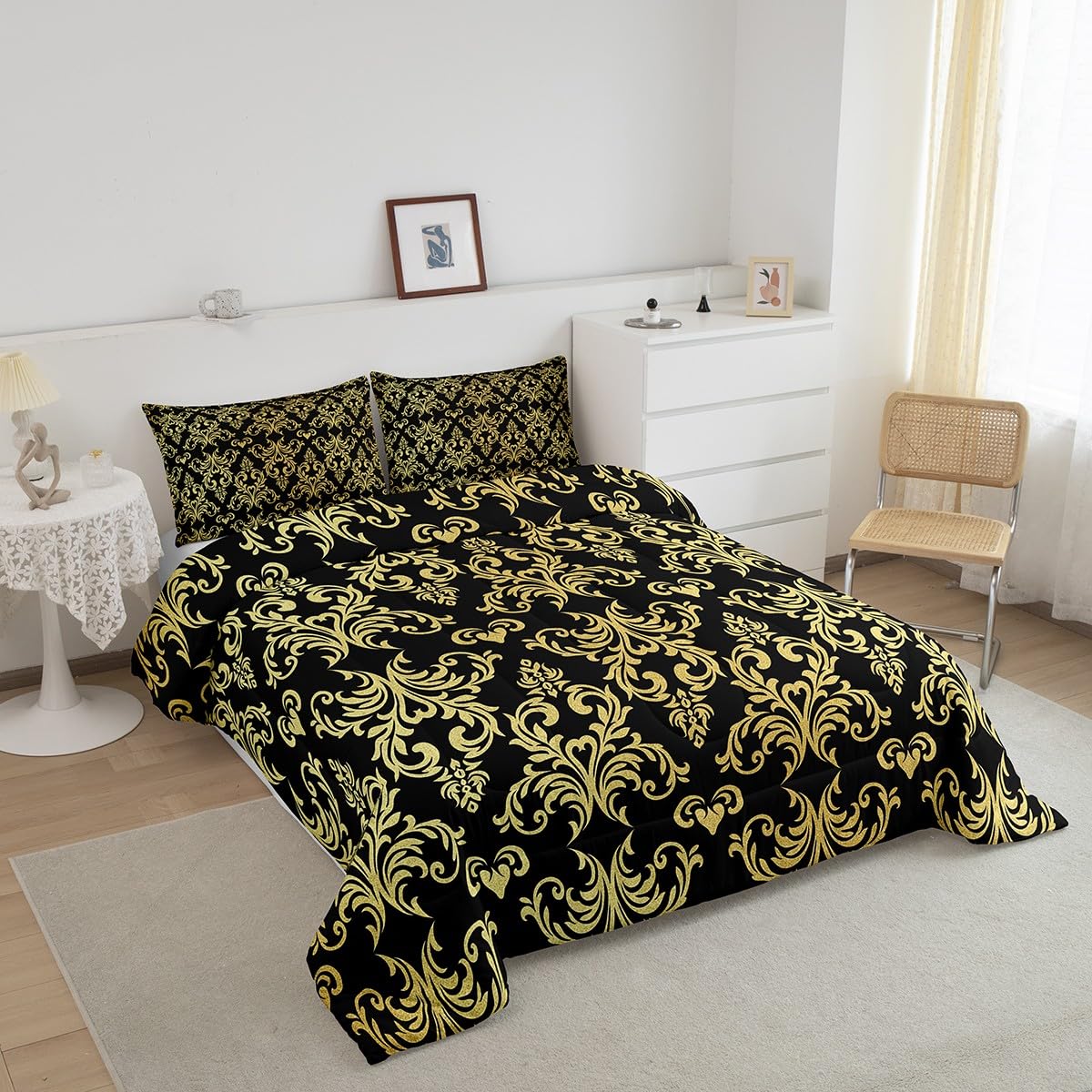 Feelyou Jacquard Bedding Set,Twin Size Floral Comforter Set for Adults & Teens,Boho Damask Duvet Set with Black & Gold Quilt,2Pcs