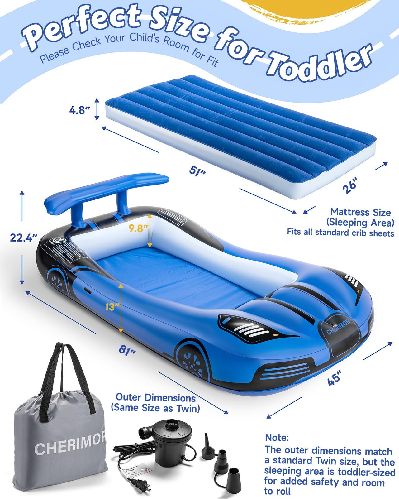 CHERIMOR Inflatable Toddler Travel Bed with Safety Bumpers & 2 Mins Auto Inflation Pump, Portable Toddler Kids Air Mattress with Carry Bag for Home Grandma's Sleepovers Travel Camping, 330lbs Support