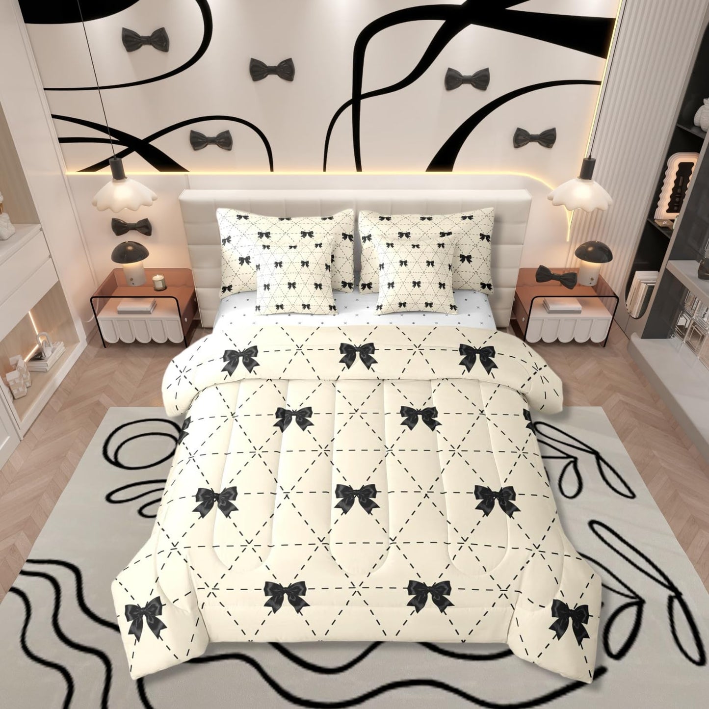 Erosebridal Black Bow 7 Piece Comforter Set King for Kids Bedroom | Modern Bow Tie Bedding Set for Girls Coquette Bows Comforter with Sheets Girly Bowknot Striped Geometric Soft Warm Quilt Duvet