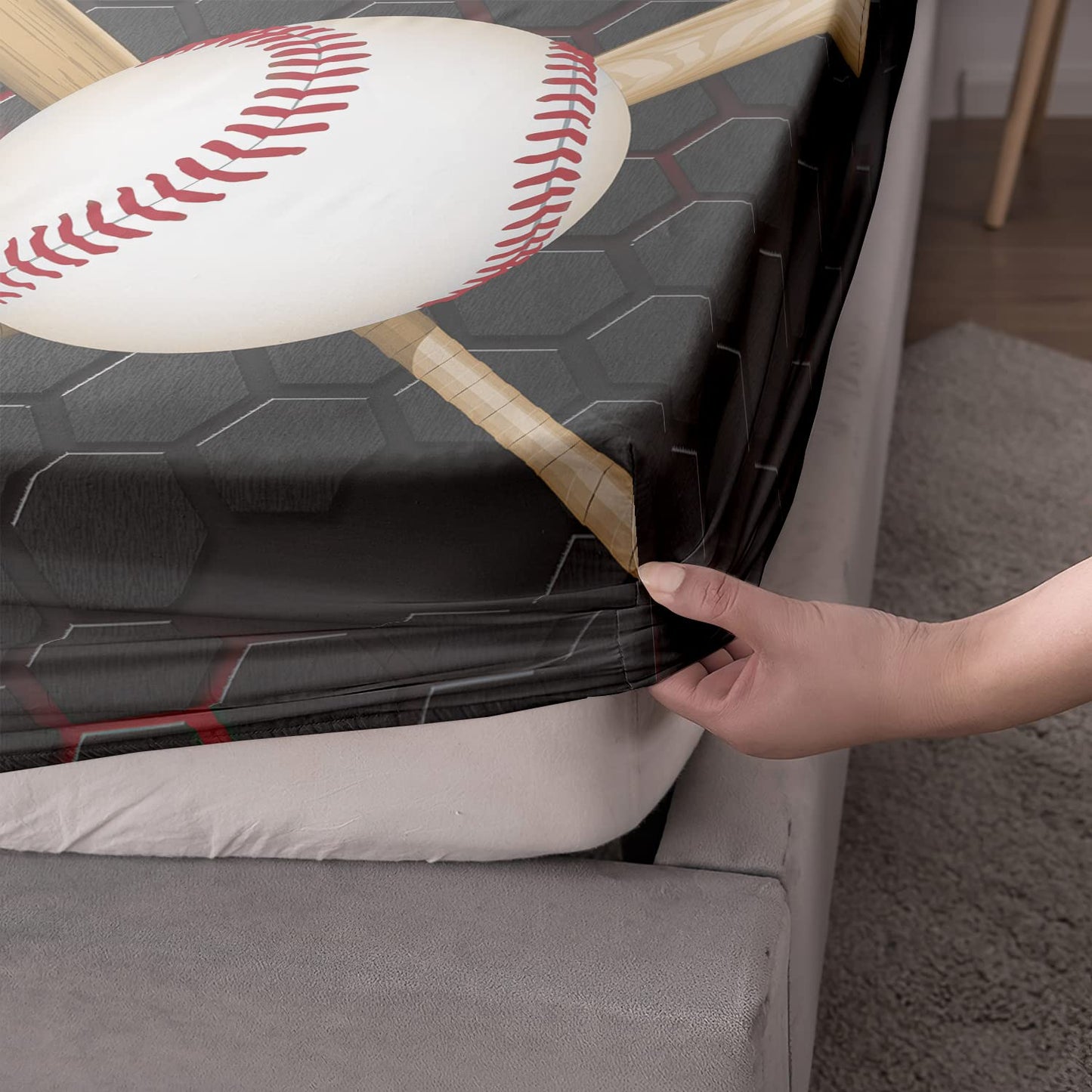 HOSIMA Baseball Fitted Sheet Set for Boys Teens Beddroom Decor,Boys Sports Cool Baseball Pattern Bedding Set,Fitted Sheet Set Full Size with 2Pillowcases.