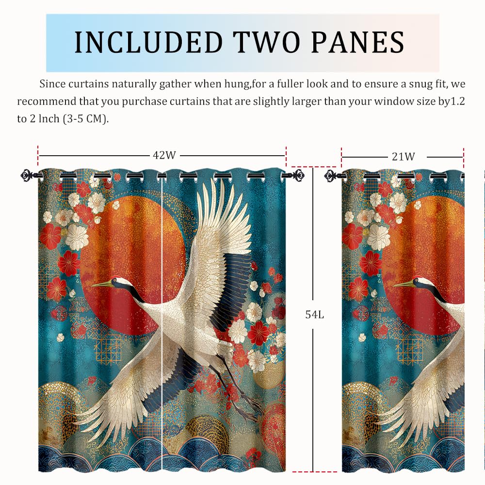 XSUPFLYM Colorful Abstract Japanese Crane Window Perforated Curtains Beautiful Red Sun Animal Crane Cherry Blossom Thermal Curtains Suitable for Bedroom Living Room 2 Panels.Each 21" W x 54" L