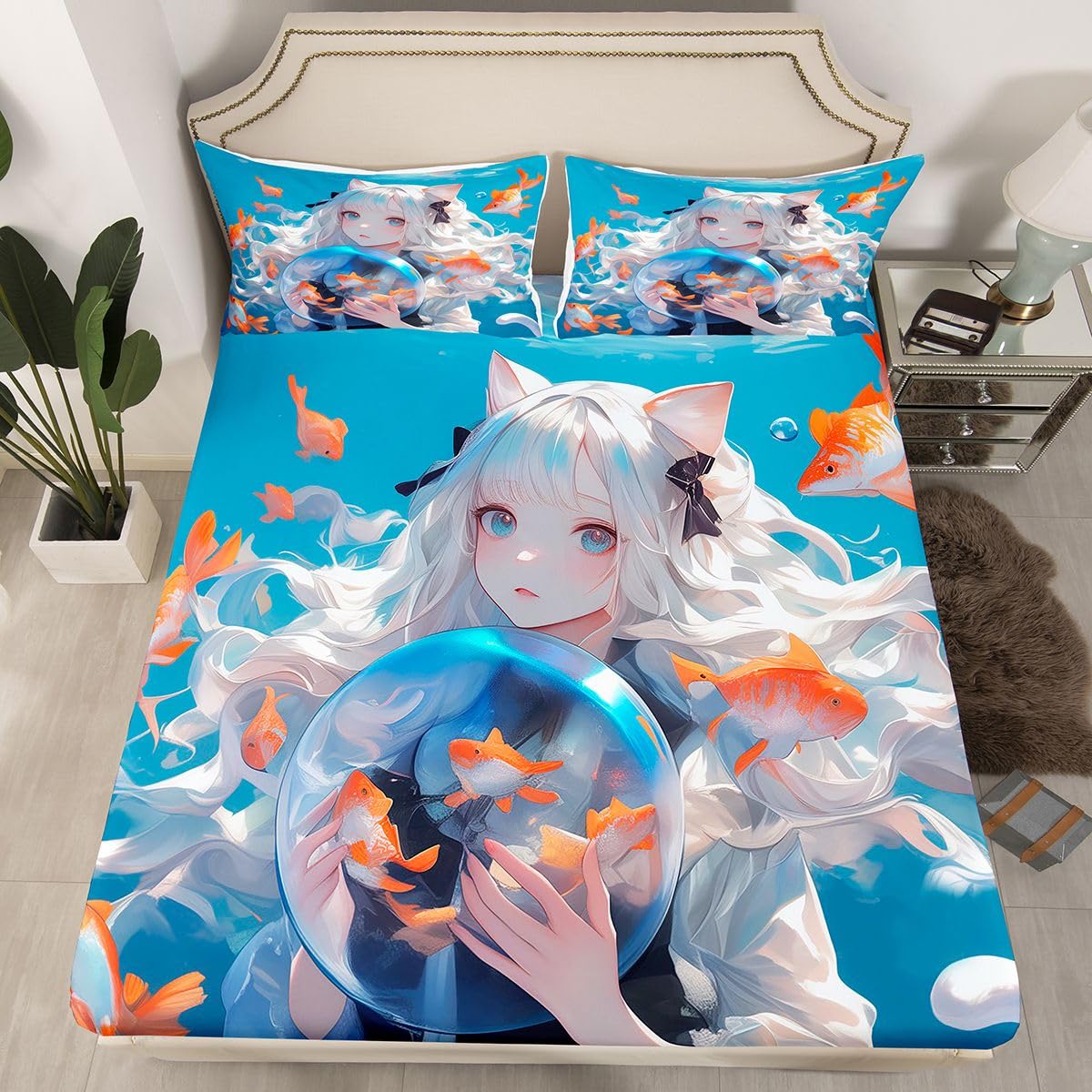 Japanese Girl Fitted Twin 2Pcs Anime Printed Design Bedding Sets, Kawaii Girls Boys Decorations Sheets (No Top Sheet)