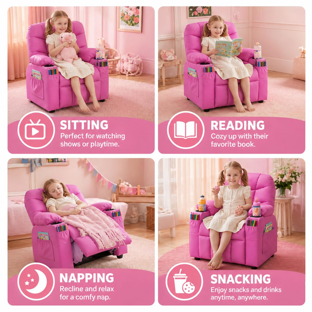 Donut Larger Kids Reclining Chair PU Leather Recliner Sofa Push Back Lounge Children Toddler Boys Girls Ages 3-12 with Dual Cup Holders and 4 Pockets