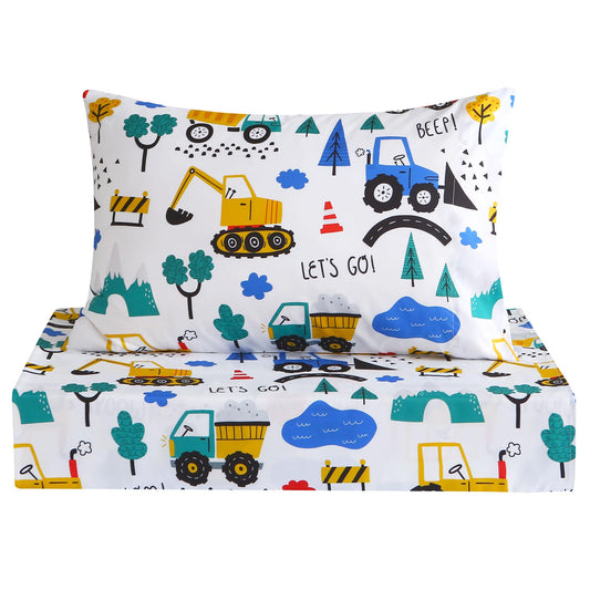Softan Kids Twin Sheets Set, 3 Piece Construction Truck Bedding Set for Boys, Soft Breathable Microfiber with 15" Deep Pocket, Fitted Flat Sheet & Pillowcase