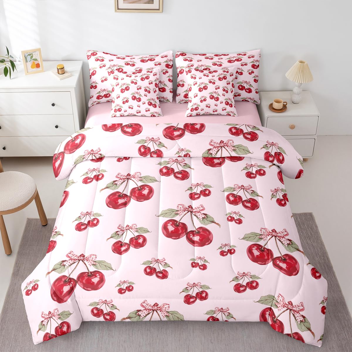 Feelyou Red Cherry Comforter Set with Sheets 7 Piece Twin Size Pink Bowknot Bed in a Bag Kids Boys Girls Cartoon Cherry Bedding Set Cute Bow Bedroom Decor Breathable Soft Lightweight Microfiber