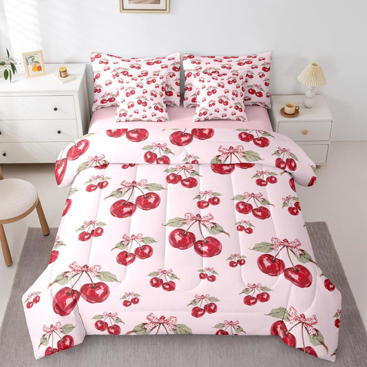 Feelyou Red Cherry Comforter Set with Sheets 7 Piece Twin Size Pink Bowknot Bed in a Bag Kids Boys Girls Cartoon Cherry Bedding Set Cute Bow Bedroom Decor Breathable Soft Lightweight Microfiber