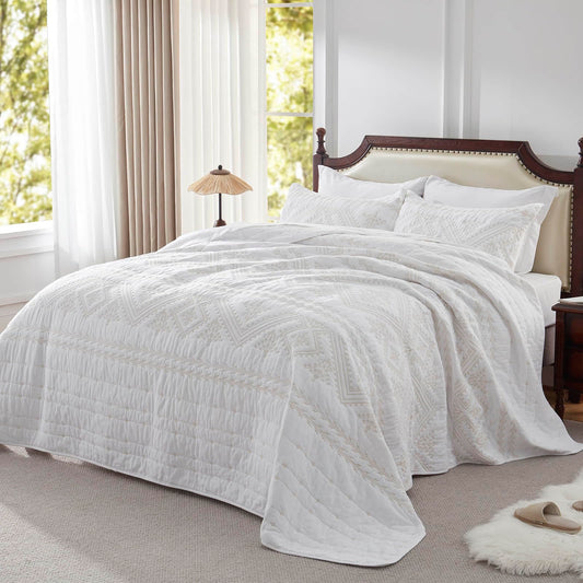 LEAONME 100% Cotton 3-Piece Quilt Set White Full Queen Size Lightweight Bedspread Coverlet 90''x98'' Soft Luxurious Golden Embroidered Bedding Set for All Seasons (1 Quilt, 2 Pillow Shams)