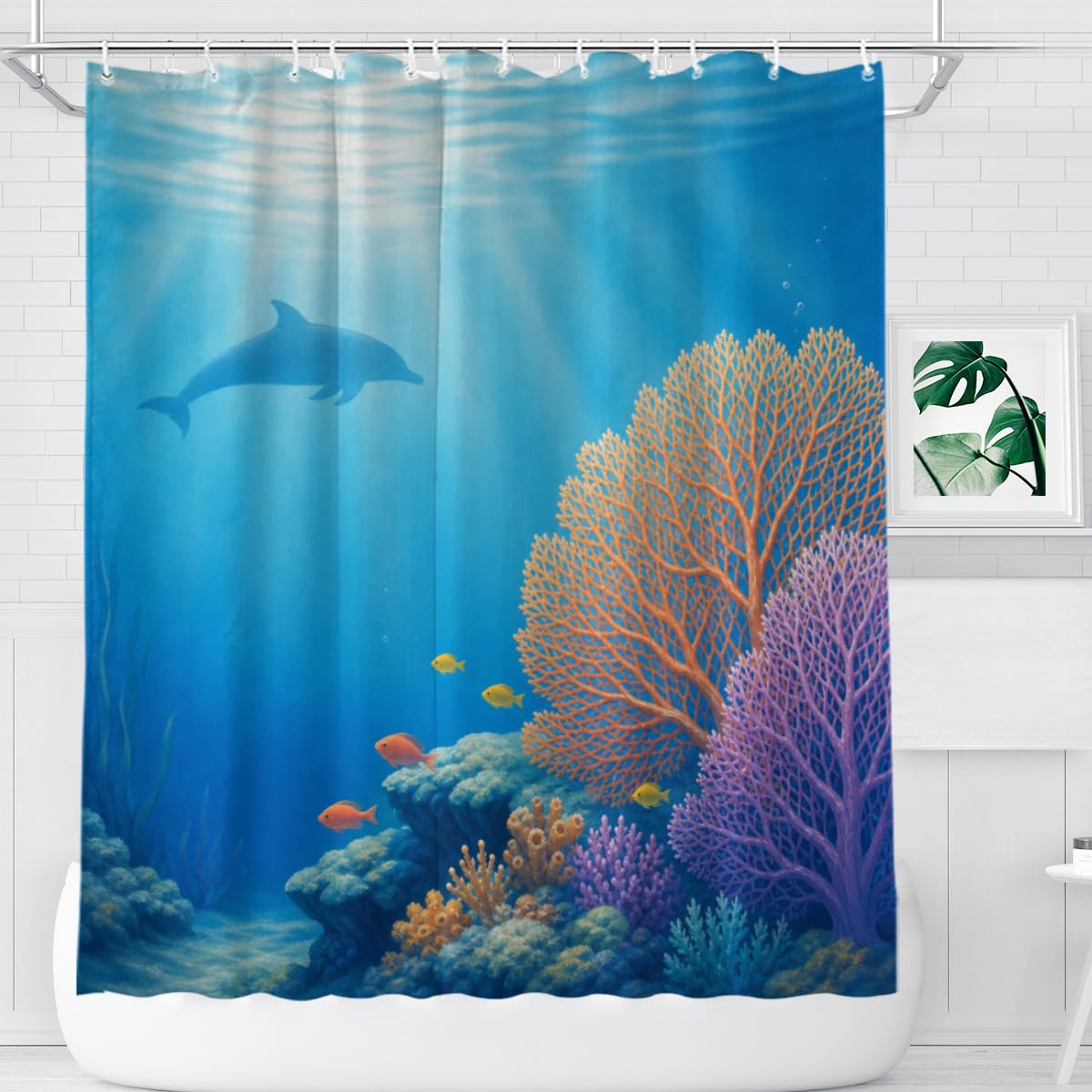 TopPacific Dolphin Coral Ocean Shower Curtain 72x72 Inch Shower Curtain with 12 Hooks Polyester Dolphin Coral Reef Blue Water Sun Rays Bathroom Decor