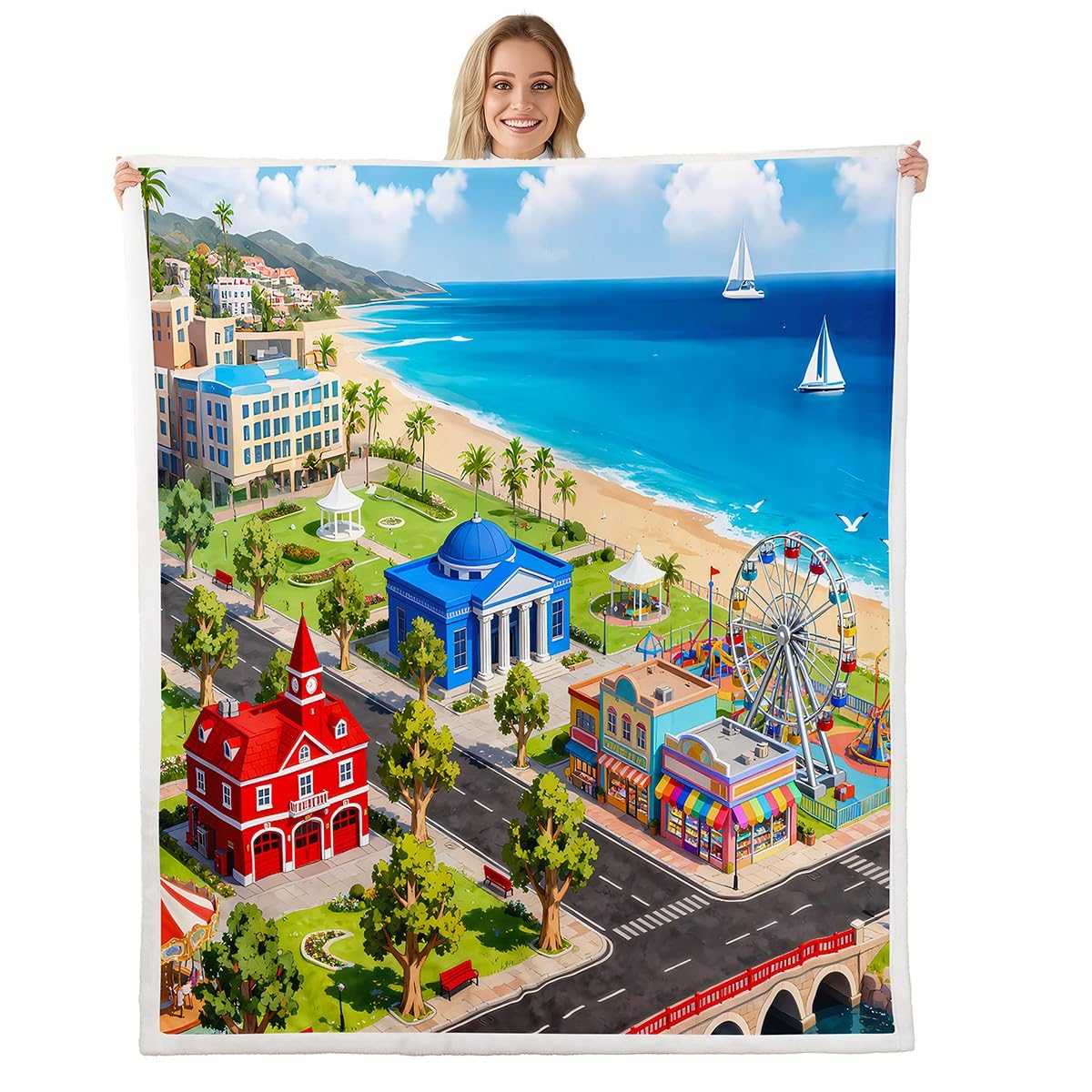 Erosebridal Kids Fleece Blanket City Life House Sherpa Blanket 50"x60" | 3D Cityscape Fun Educational Gift Urban Landscape Fuzzy Plush Throw