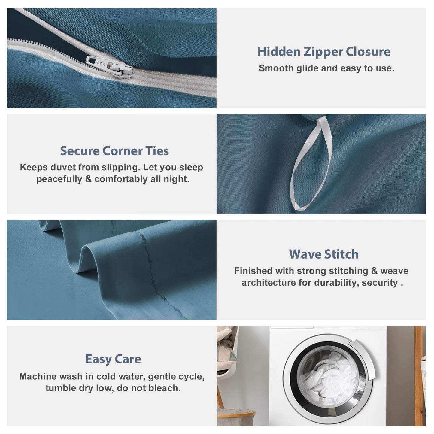 MILDLY 100% Long-Staple Cotton Duvet Cover Set Queen Size Teal Blue Comforter Cover Sets Ultra Soft Bedding Set 3 PCS with Zipper Closure & Corner Tie (No Comforter)