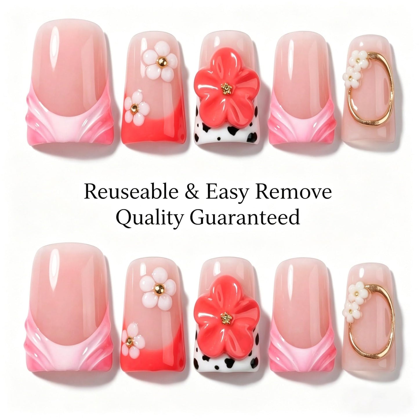 Handmade Press on Nails 3D Cute Glue on Nails for Women, Luxury Duck Nail Art Design, Fake Nails with 3D Nail Charms Size M 7