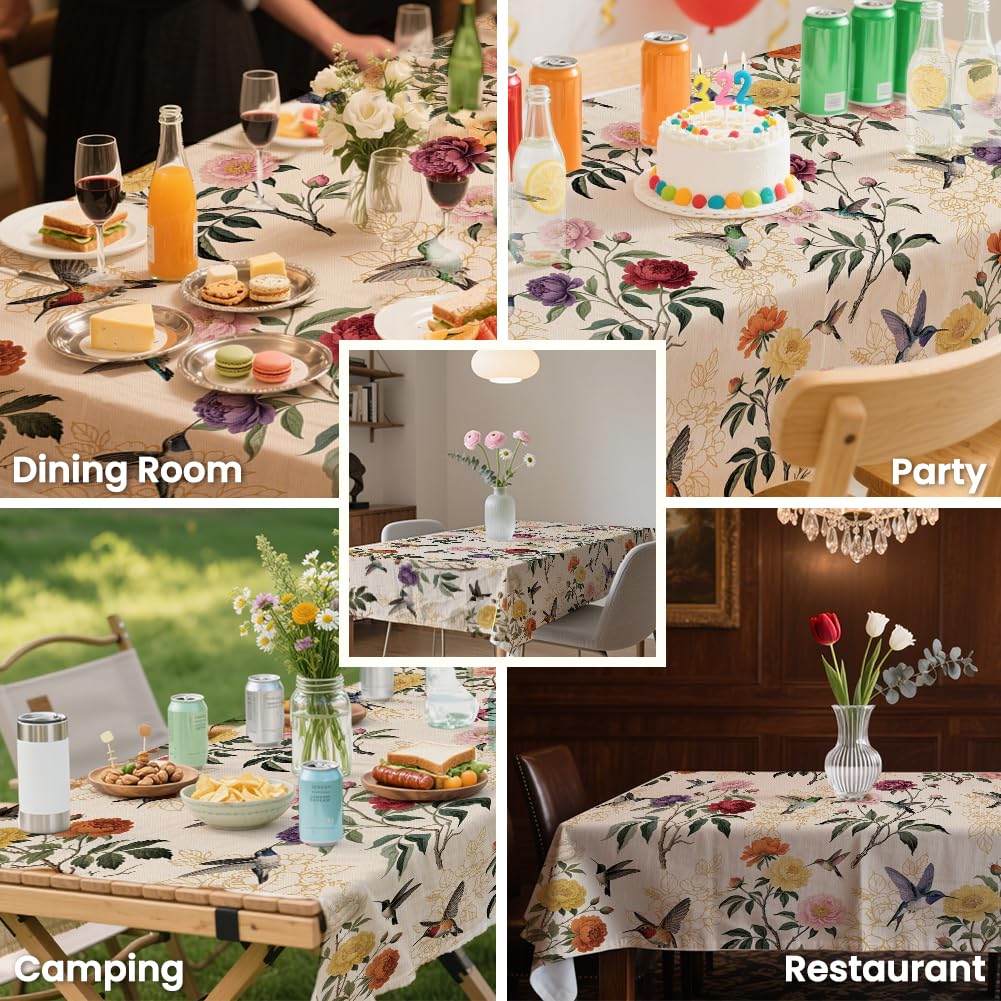 ANATTASOUL Hummingbird and Peony Rectangle Table Cloth Waterproof 6ft Fall Spring Summer Tablecloth, 84"x60" Stain Resistant and Wrinkle Free Table Cover for Dining Party Buffet Camping Wedding