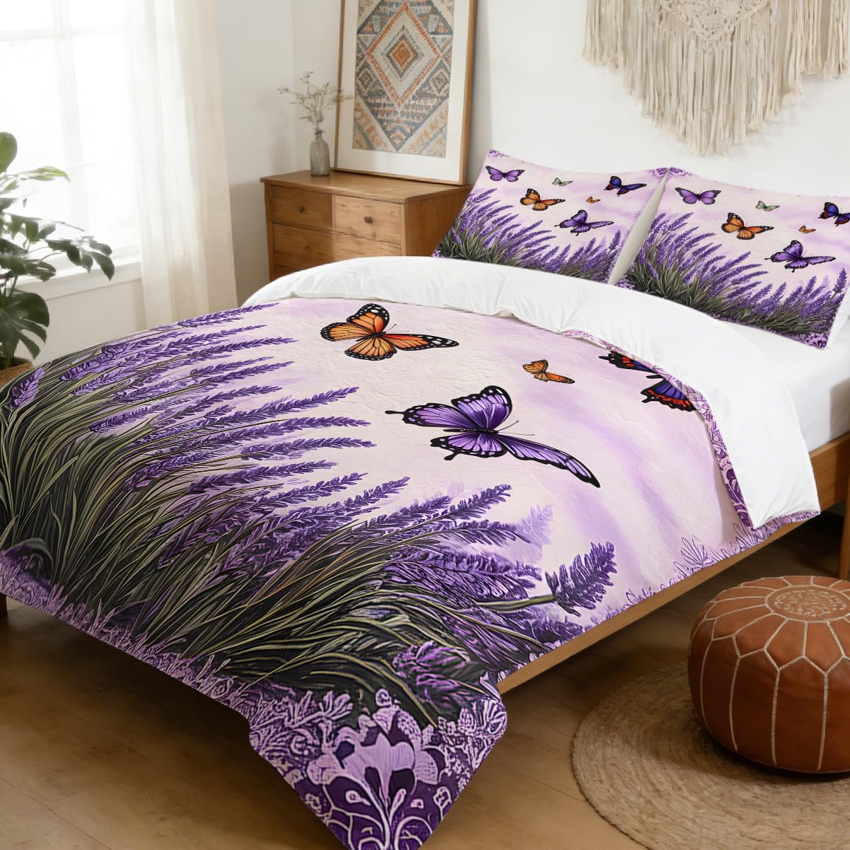 MILANKET Lavender Butterfly Duvet Cover Set Purple Floral Bedding with Zipper Closure and Corner Ties Soft Microfiber Nature Inspired Comforter Cover for Women Girls Bedroom Decor Twin