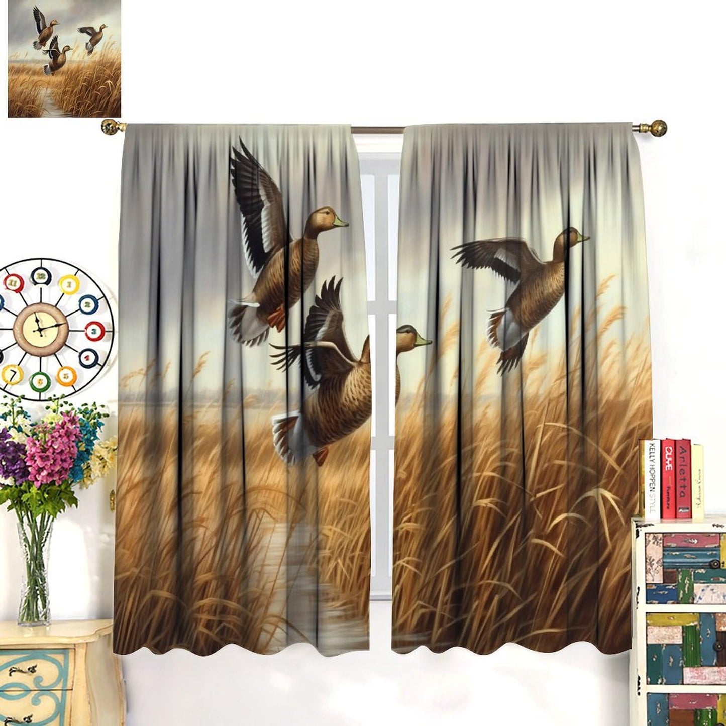 wlsgdsg Mallard Duck Curtains, Vintage Rustic Oil Painting Brown Reeds Pond Lodge Hunting Mallard Duck Animals Windows Treatments Drapes for Living Room Bedroom 42x45in（No Blackout）