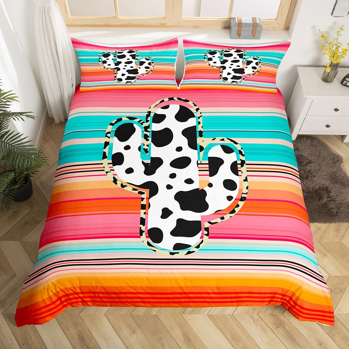 Manfei Cactus Duvet Cover Set Queen Size, Cow Print Cactus Bedding Set 3pcs for Kids Girls Teens, Red Blue Orange Gradient Comforter Cover Animal Print Quilt Cover with 2 Pillowcases,No Comforter