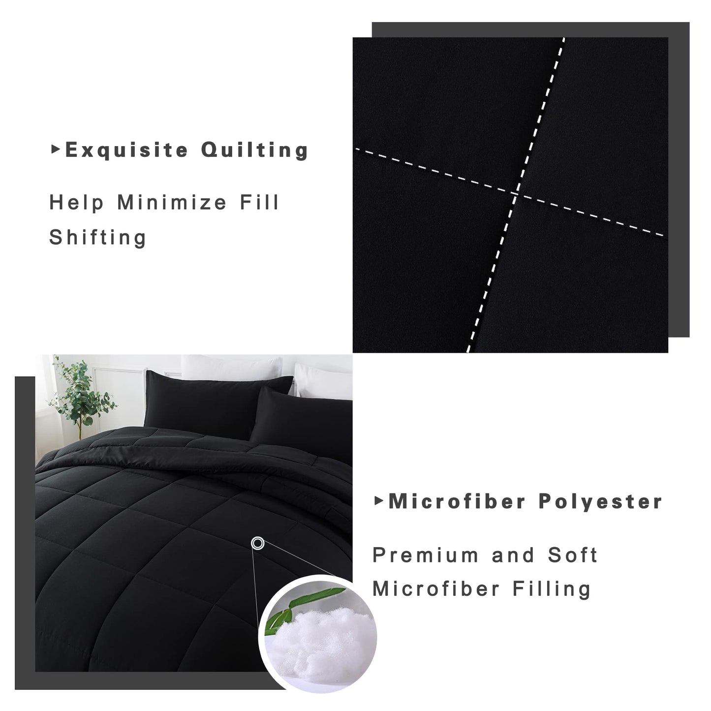 DOWNCOOL Queen Comforter Set -All Season Queen Bed Set with 2 Pillow Cases-3 Pieces Bedding Sets Queen -Down Alternative Black Queen Size Comforter Sets(88"x92")