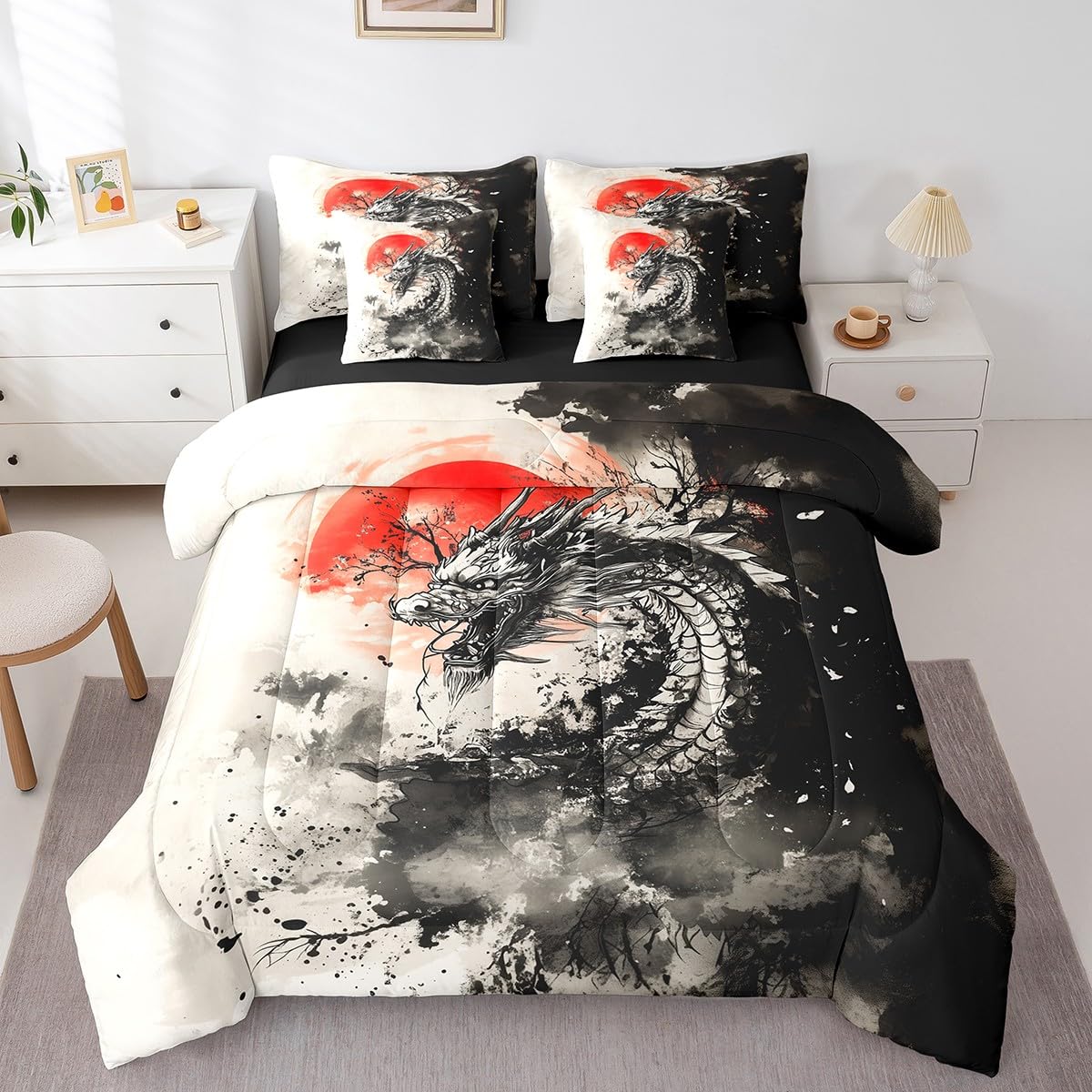 7 Pieces Ink Painting Dragon Comforter Set Queen,Japanese Style Sun Bed Set for Kids Boys Girls,Black White Red Bedding(1 Comforter,1 Fitted Sheet,1 Flat Sheet,2 Pillowcases,2 Throw Pillow Cover)