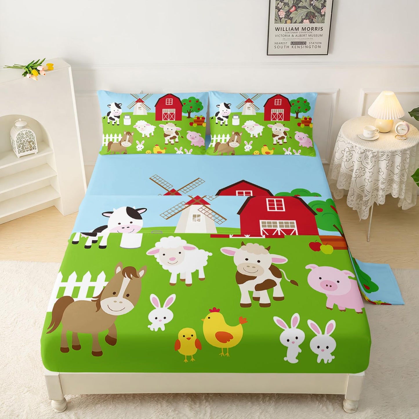 QOOMO Farm Animal Sheet Set,Farmhouse Kids Bed Sheets,Cow Pig Sheep 16" Deep Pocket Bed Sheet Set for Boys/Girls/Kids/Teens，4 Piece Sheet Set, 1 Fitted Sheet,1 Flat Sheet and 2 Pillowcases，Twin Size