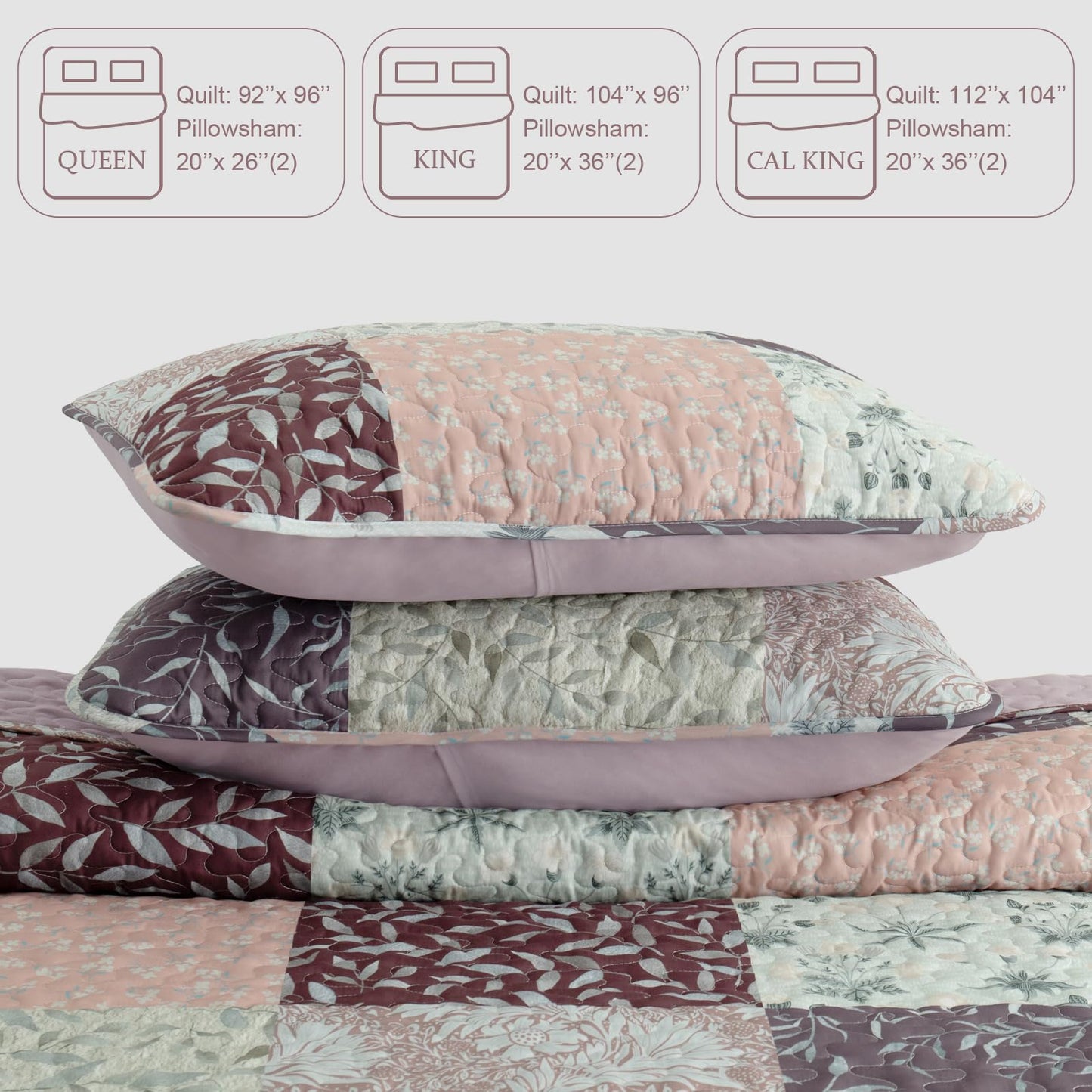 Exclusivo Mezcla Reversible Boho Quilts Queen Size, Brown Soft Bedspreads Lightweight Coverlet All Season Patchwork Quilt Bedding Set with Printed Floral Pattern (1 Quilt, 2 Pillow Shams)
