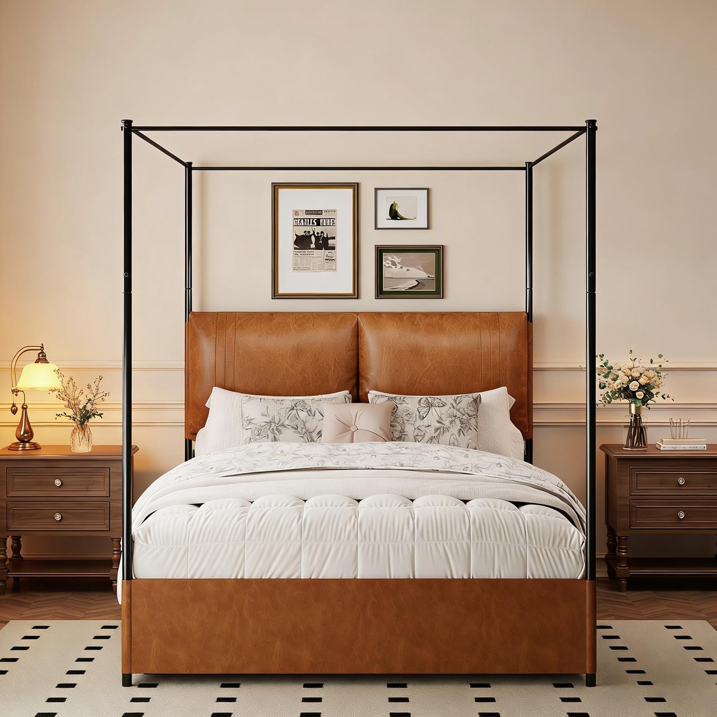 madeslves King Size Upholstered Canopy Bed Frame with Headboard, Heavy Duty Metal Slats Support, No Box Spring Needed, Easy Assembly, Brown