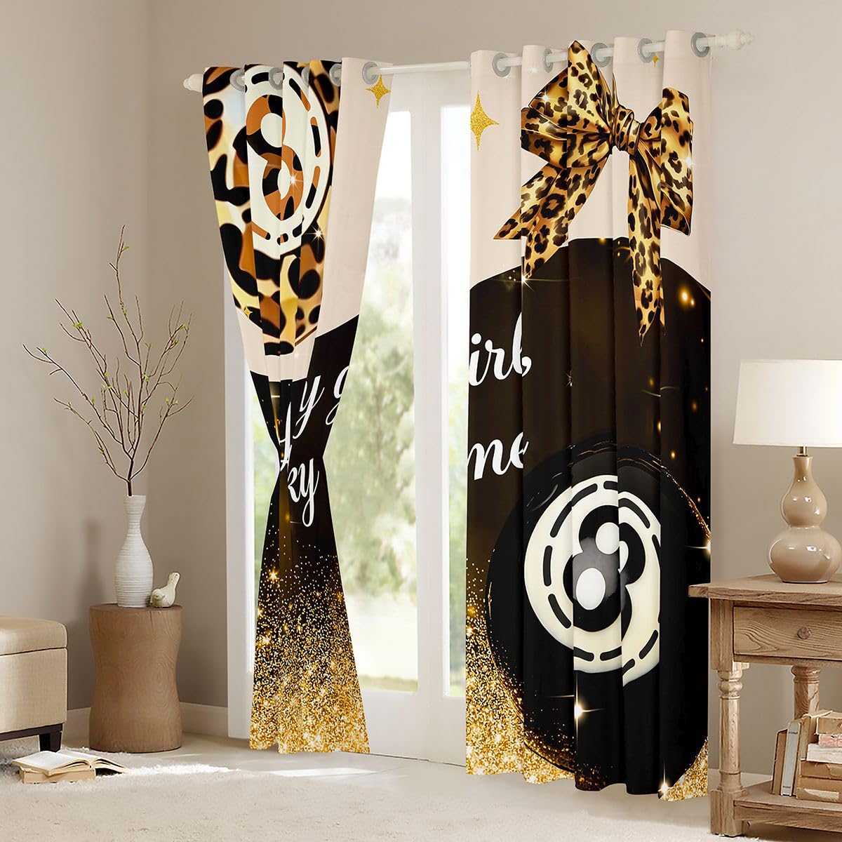 Erosebridal Y2K Lucky 8 Ball Window Drapes Fashion Leopard Bowknot Blackout Curtains 42" Wx63 L Golden Glitter Print Curtains for Bedroom,Funky Trendy Aesthetic Preppy Window Treatments 2 Panels