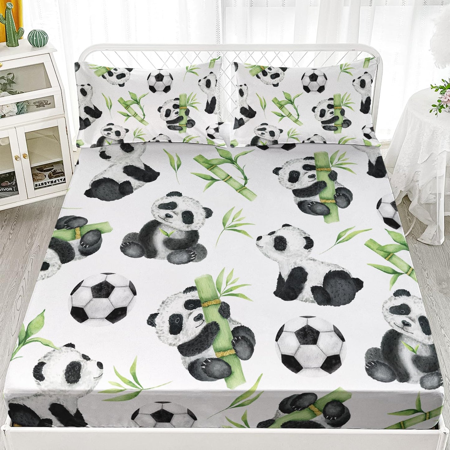AILONEN Kawaii Fitted Sheet Set, Kids Lovely Panda Bedding Set Twin Size for Boys Girls, Black and White Soccer Print Bamboo Bed Sheet Set 3-Piece, 1 Fitted Sheet + 2 Pillowcases