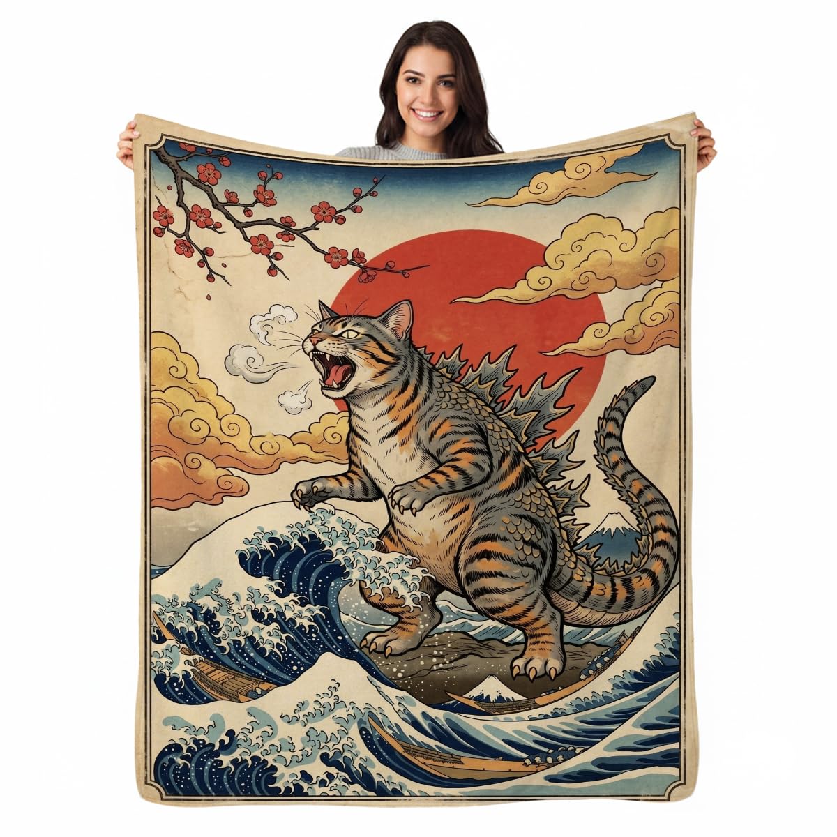 Yujiiso Retro Ukiyo-E Catzilla Blanket, Soft Flannel Fleece Throw 50" x 60"
