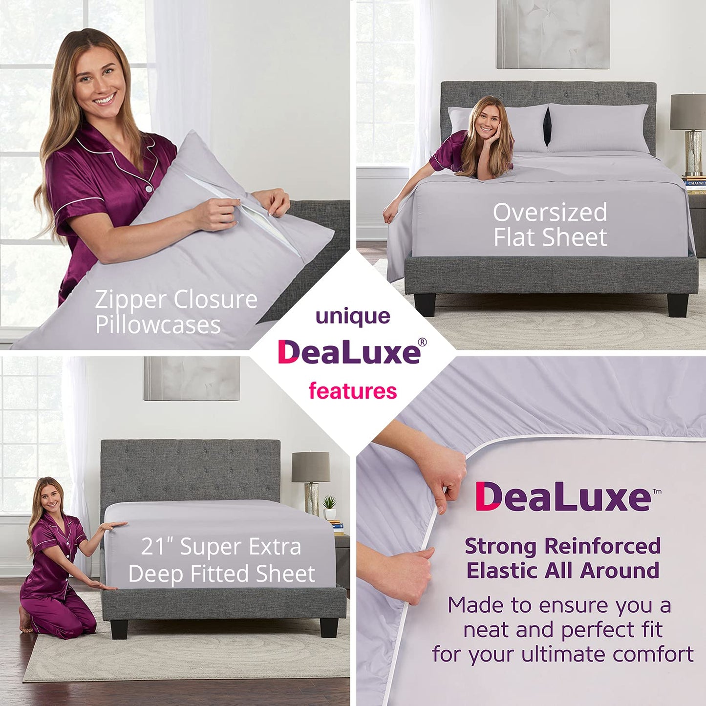 Extra Deep Pocket King Size Sheets – 21” King Sheet Sets Deep Pocket – [4 Piece Set] King Bed Sheets Oversize Flat Sheet, Fitted Sheet, 2 Zippered Pillowcases – 18”–23” King Sheets – Grey Lavender