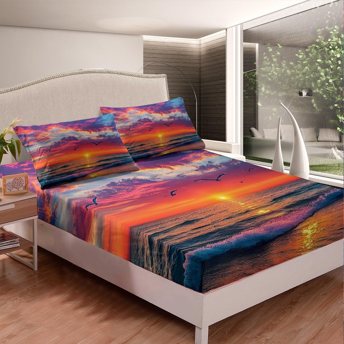 jejeloiu Beach Theme Fitted Sheet Full Size Kids Summer Sea Ocean Sunset Bed Sheets Set for Boys Girls Teens Wave Coastal Seagull Natural Scenery Bedding Set Room Decor