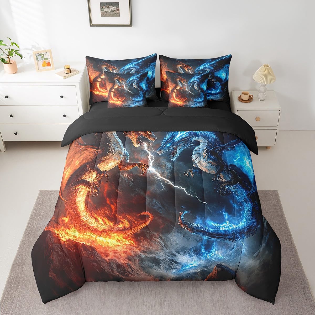 Feelyou Dragon Comforter Set with Sheets Twin Size Dragon Stuff Bed in a Bag for Boys Girls Teens Wild Life 7 Pieces Bedding Set Thunder and Lightning Bed Set Room Decor Blue Orange