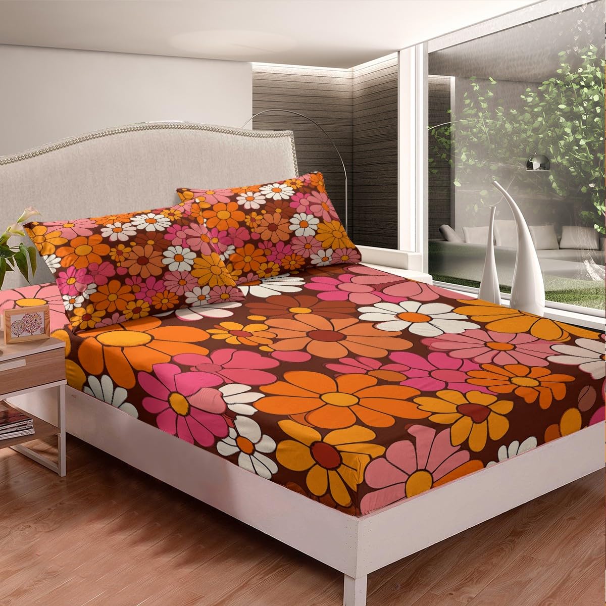 Erosebridal Groovy Floral Queen Sheet Set for Girls Retro Flower Sheets Chic Daisy Sheet & Pillowcase Sets Groovy Party Decorations Bed Sheets 70s Party Decorations Fitted Sheet 2 Pillowcase