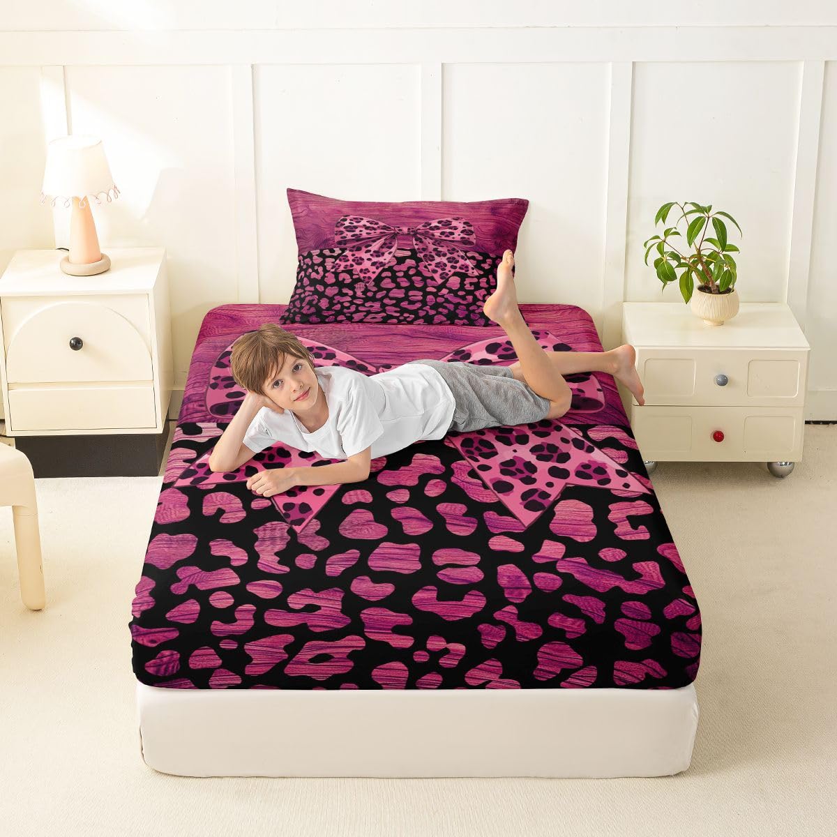 jejeloiu Pink Leopard Bow Fitted Sheet with 1 Pillowcase Twin Size Leopard Print Bowknot Bed Sheets Set 16" Deep Pocket Boys Girls Abstract Bedding Teens Bedroom Decor Breathable