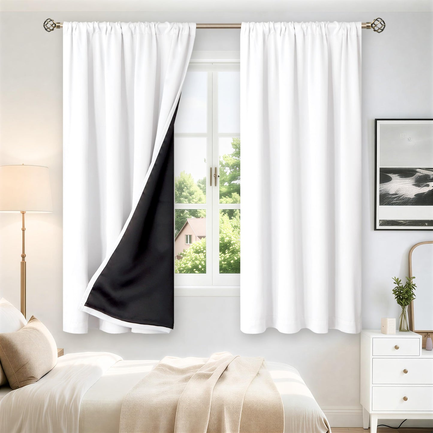 BGment White Blackout Curtains for Bedroom 63 Inch Long - Thermal Insulated Black Out Curtains Room Darkening Soundproof Rod Pocket Window Curtains for Living Room, Each Drape Panel 52 Inch Wide